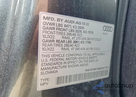 2022 Audi Q8 Premium Plus S-Line z USA, uszkodzony, nr VIN WA1EVBF16ND021707